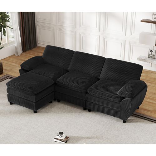 Canapé Modulable 3 Places 258x86.1x62.9cm, Pouf Convertible, Bois, Velours Côtelé, Noir