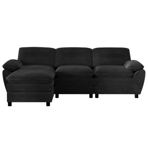 Canapé Modulable 3 Places 258x86.1x62.9cm, Pouf Convertible, Bois, Velours Côtelé, Noir