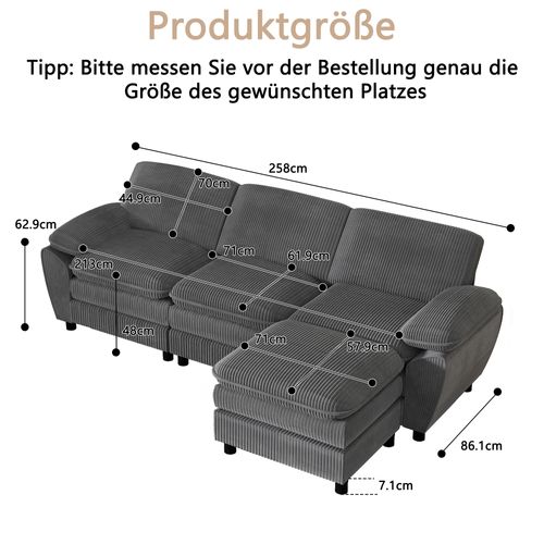 Canapé Modulable 3 Places, Pouf Amovible En Angle, Design Moderne, Velours Côtelé, Bois, Gris Foncé