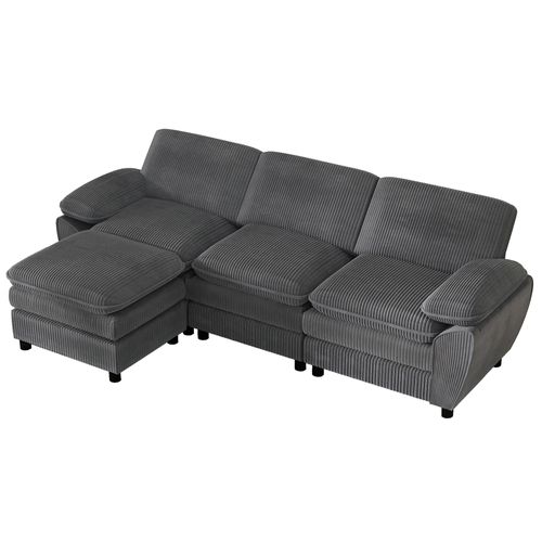 Canapé Modulable 3 Places, Pouf Amovible En Angle, Design Moderne, Velours Côtelé, Bois, Gris Foncé