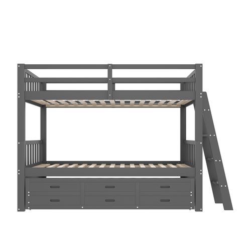 Lit Superposé 90x200 Cm Avec Lit Gigogne 90x182 Cm, 3 Tiroirs De Rangement, Bois Et Mdf, Gris