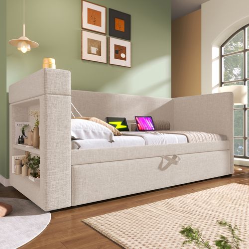 Lit Gigogne 90x190 Cm, Accoudoirs Équipés De Ports USB Et Type-c, 4 Niches, Tissu Coton-lin, Beige