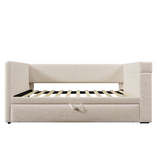 Lit Gigogne 90x190 Cm, Accoudoirs Équipés De Ports USB Et Type-c, 4 Niches, Tissu Coton-lin, Beige