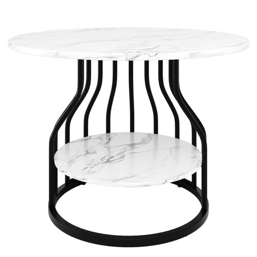 Table Ronde 80x80x76 Cm, Plateau Mdf Effet Marbre, Rangement Inférieur, Pieds Métal, Couleur Noir