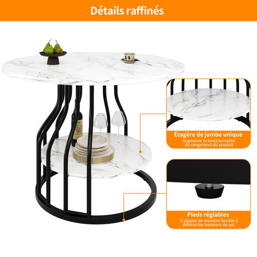 Table Ronde 80x80x76 Cm, Plateau Mdf Effet Marbre, Rangement Inférieur, Pieds Métal, Couleur Noir