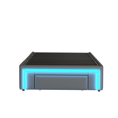 Lit Simple 90x200 Cm Avec Rangement, 2 Tiroirs, LED, Lit Enfant, Sans Tête De Lit, Simili Gris