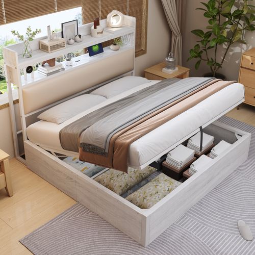 Lit Coffre 180x200 Cm, Ports USB, Rangement Caché, Métal, Bois, Tête De Lit En Tissu, Blanc