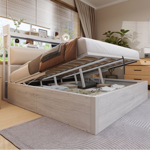 Lit Coffre 180x200 Cm, Ports USB, Rangement Caché, Métal, Bois, Tête De Lit En Tissu, Blanc