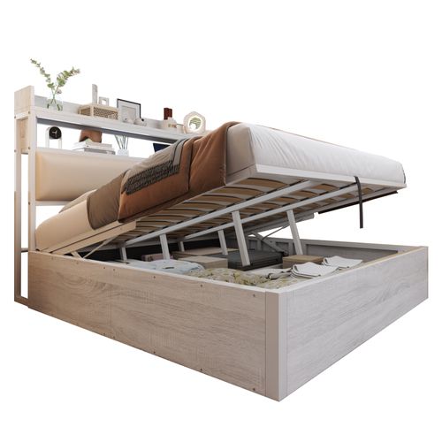 Lit Coffre 180x200 Cm, Ports USB, Rangement Caché, Métal, Bois, Tête De Lit En Tissu, Blanc