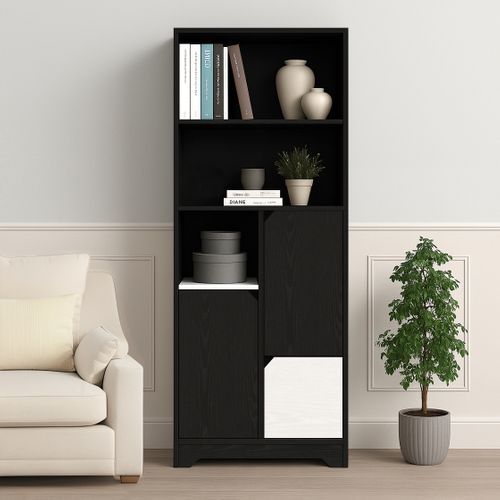 Bibliothèque Moderne 60x35x160 Cm, 1 Tiroir Et 2 Portes, Panneaux De Particules, Noir Et Blanc
