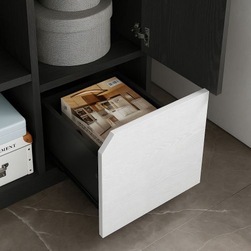 Bibliothèque Moderne 60x35x160 Cm, 1 Tiroir Et 2 Portes, Panneaux De Particules, Noir Et Blanc