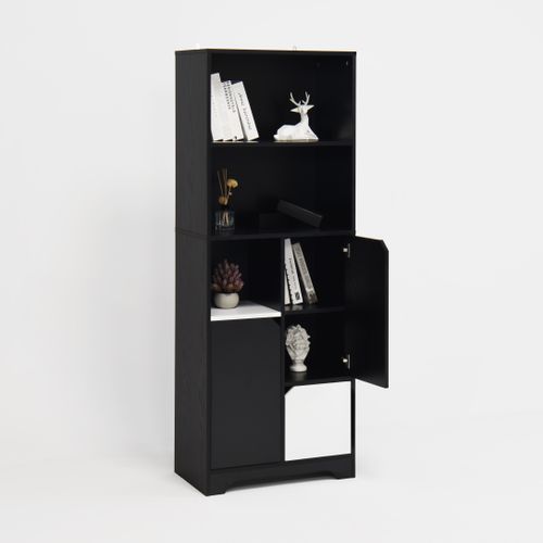 Bibliothèque Moderne 60x35x160 Cm, 1 Tiroir Et 2 Portes, Panneaux De Particules, Noir Et Blanc