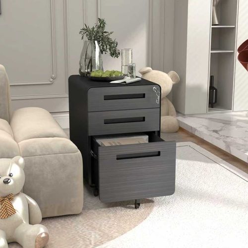 Caisson Mobile De Bureau Avec 3 Tiroirs, 46x40x58 Cm, Verrouillable, Métal, Noir