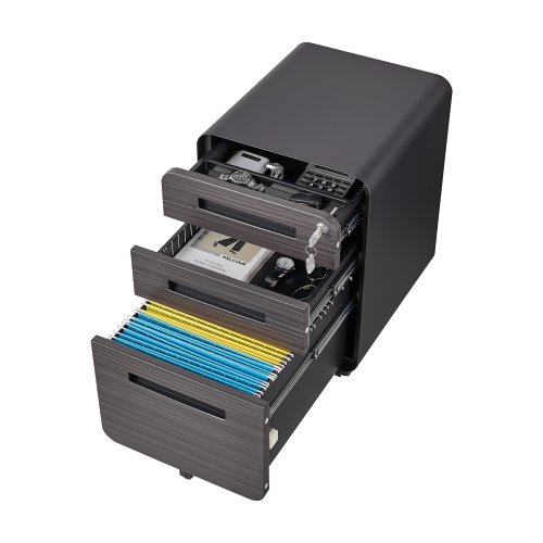 Caisson Mobile De Bureau Avec 3 Tiroirs, 46x40x58 Cm, Verrouillable, Métal, Noir