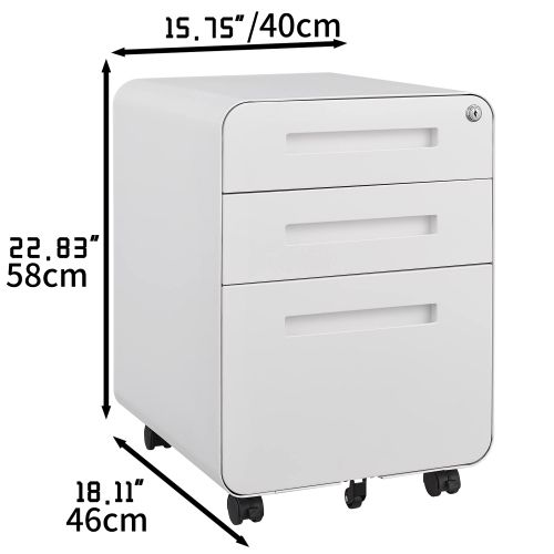 Caisson De Bureau Imprimante 46x40x58 Cm, Mobile 3 Tiroirs, Rangement Verrouillable, Métal, Blanc