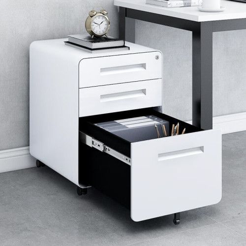 Caisson De Bureau Imprimante 46x40x58 Cm, Mobile 3 Tiroirs, Rangement Verrouillable, Métal, Blanc