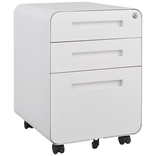 Caisson De Bureau Imprimante 46x40x58 Cm, Mobile 3 Tiroirs, Rangement Verrouillable, Métal, Blanc