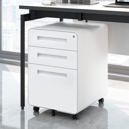 Caisson De Bureau Imprimante 46x40x58 Cm, Mobile 3 Tiroirs, Rangement Verrouillable, Métal, Blanc