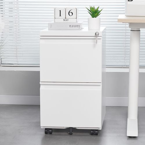 Caisson Mobile De Bureau, 2 Tiroirs, 39x45x67.5 Cm, Serrure Intégrée, Métal, Couleur Blanc