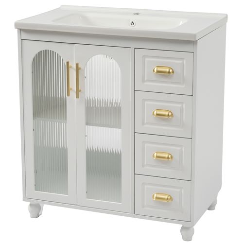 Meuble De Rangement Salle De Bain 80x47x90 Cm, Vasque En Céramique, 3 Portes, 3 Tiroirs, Mdf, Blanc