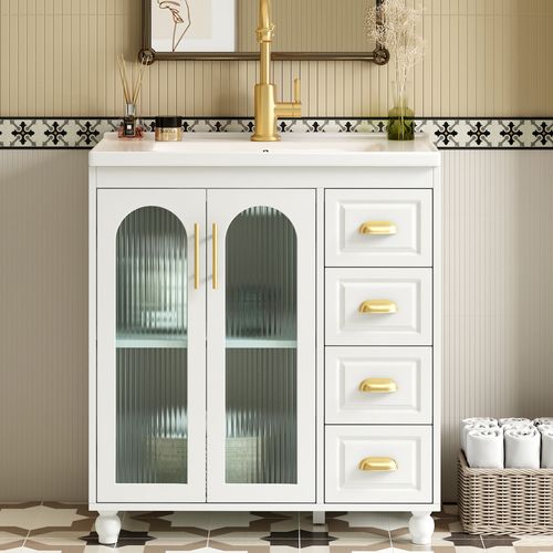 Meuble De Rangement Salle De Bain 80x47x90 Cm, Vasque En Céramique, 3 Portes, 3 Tiroirs, Mdf, Blanc