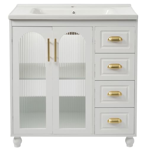 Meuble De Rangement Salle De Bain 80x47x90 Cm, Vasque En Céramique, 3 Portes, 3 Tiroirs, Mdf, Blanc
