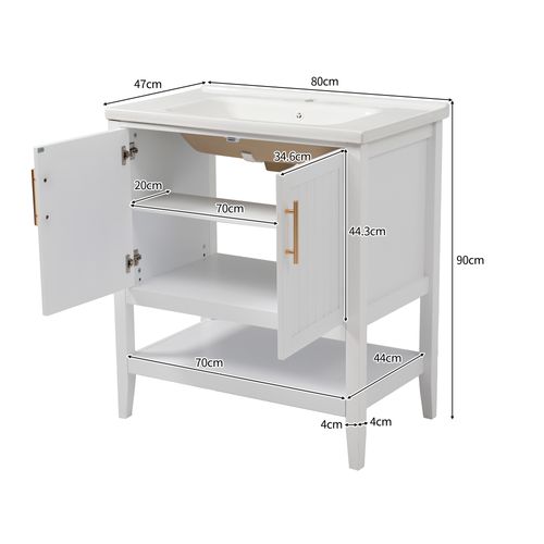 Meuble Vasque 80x47x90cm, Lavabo En Céramique Brillant, Mdf Laqué, Poignées Design, Finition Blanche