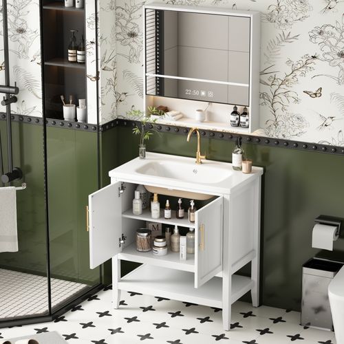 Meuble Vasque 80x47x90cm, Lavabo En Céramique Brillant, Mdf Laqué, Poignées Design, Finition Blanche