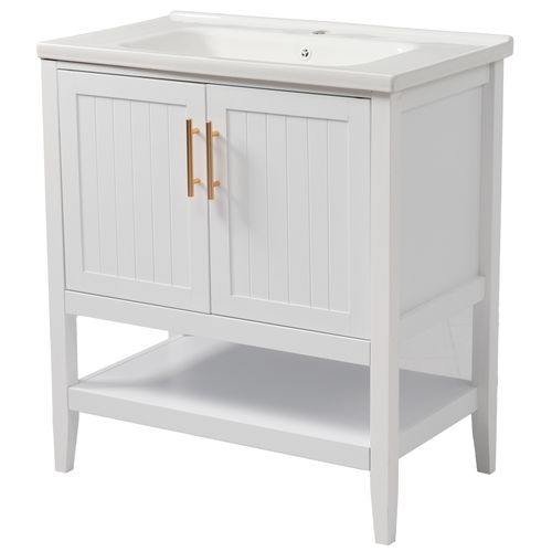 Meuble Vasque 80x47x90cm, Lavabo En Céramique Brillant, Mdf Laqué, Poignées Design, Finition Blanche