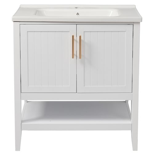 Meuble Vasque 80x47x90cm, Lavabo En Céramique Brillant, Mdf Laqué, Poignées Design, Finition Blanche