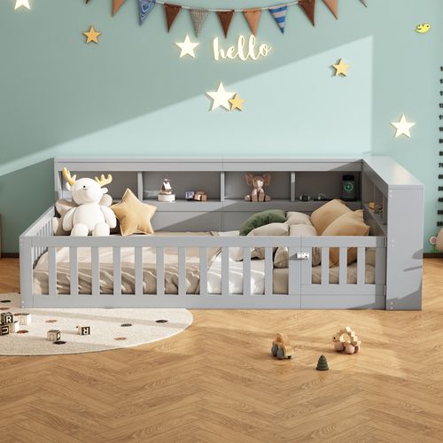 Lit Enfant 140x190 Cm, Prises Et USB Et Rangement Latéral, 7 Niches, Panneaux De Particules, Gris
