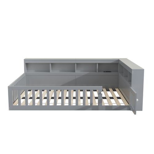 Lit Enfant 140x190 Cm, Prises Et USB Et Rangement Latéral, 7 Niches, Panneaux De Particules, Gris