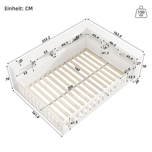 Lit Simple 140x200 Cm, Rangement Latéral Avec Prises Et USB, Panneaux En Particules Et Mdf, Blanc