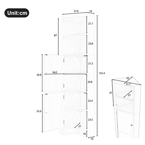 Meuble D'angle Salle De Bain 51.7x32x155.4 Cm, Résistant à L'humidité, Rangement, Mdf, Blanc