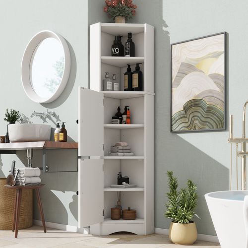 Meuble D'angle Salle De Bain 51.7x32x155.4 Cm, Résistant à L'humidité, Rangement, Mdf, Blanc