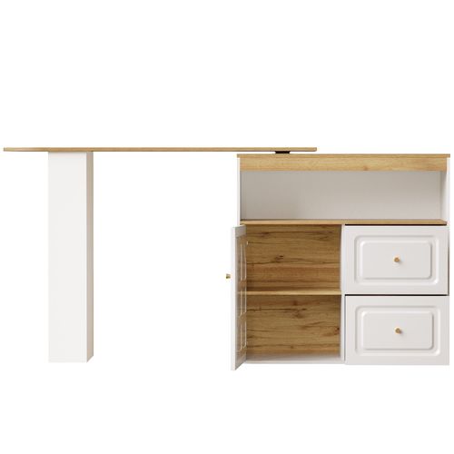 Meuble Bar Rotatif 138-204x39x104 Cm, Motif Bois, Porte En Verre, 2 Tiroirs, Niche, Mdf, Blanc