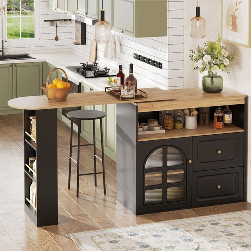 Meuble Bar Rotatif 138-204x39x104 Cm, Motif Bois, Porte En Verre, 2 Tiroirs, Niche, Mdf, Noir