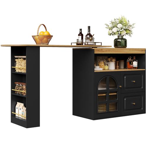 Meuble Bar Rotatif 138-204x39x104 Cm, Motif Bois, Porte En Verre, 2 Tiroirs, Niche, Mdf, Noir