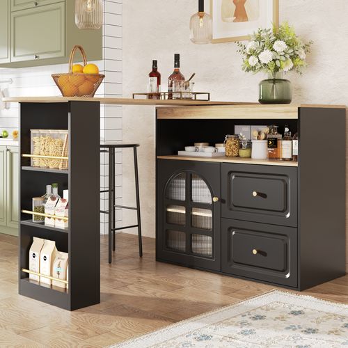 Meuble Bar Rotatif 138-204x39x104 Cm, Motif Bois, Porte En Verre, 2 Tiroirs, Niche, Mdf, Noir