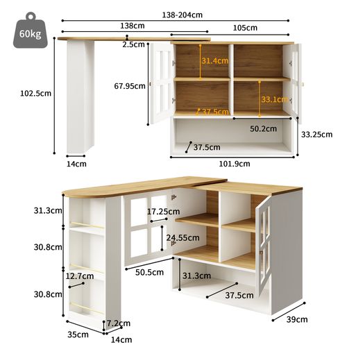 Bar Rotatif 138-204x39x102,5 Cm, Rangement, Motif Bois, Niche, 2 Portes Vitrées, Mdf, Blanc