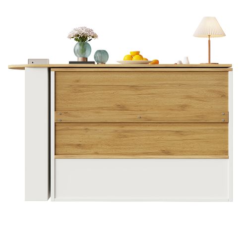 Bar Rotatif 138-204x39x102,5 Cm, Rangement, Motif Bois, Niche, 2 Portes Vitrées, Mdf, Blanc