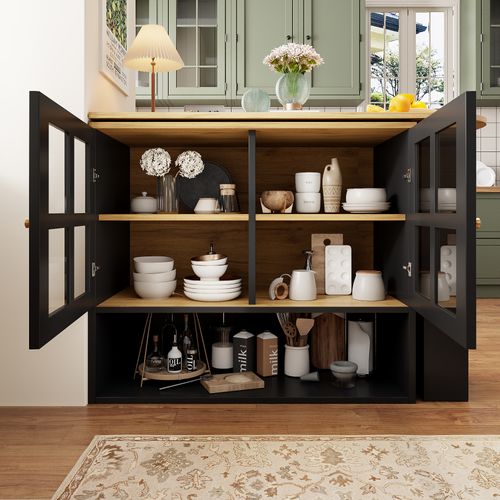 Bar Rotatif 138-204x39x102,5 Cm, Rangement, Motif Bois, Niche, 2 Portes Vitrées, Mdf, Noir