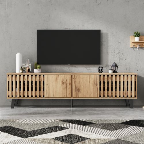Meuble Télévision Moderne 180x40x55 Cm, Motif Bois, 4 Portes, Panneaux De Particules, Bois