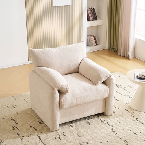 Fauteuil 96x82x84 Cm, Design Ergonomique, Tissu Chenille Confortable, Bois, Métal, Beige