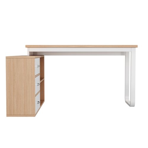 Bureau 147x100x75.3 Cm, Plateau 18 Mm, 3 Tiroirs, 2 Niches Ouvertes, Mdf Et Métal, Blanc+bois