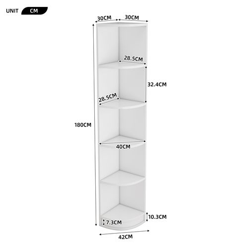 Bibliothèque D'angle 30x30x180 Cm, Design Triangulaire Gain De Place, 5 Étagères, Mdf, Blanc