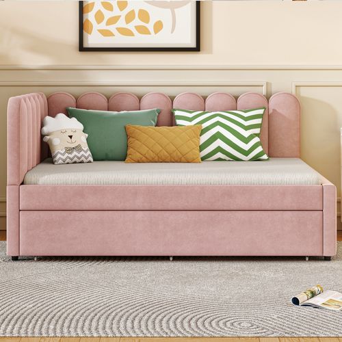 Lit Double 140x200 Cm, Canapé-lit Avec Lit Gigogne 90x190 Cm, Style Moderne, En Velours Rose