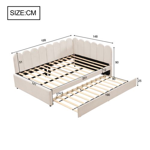 Lit Gigogne 140x200 Cm, Forme De L, Dossier Pétale, Gain De Place, Velours Beige