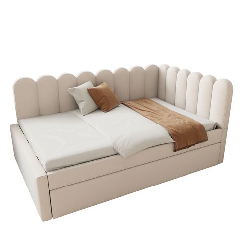 Lit Gigogne 140x200 Cm, Forme De L, Dossier Pétale, Gain De Place, Velours Beige