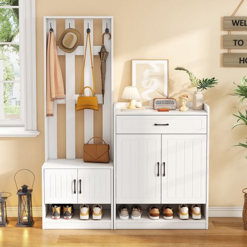 Ensemble Vestiaire 140.6x32x180cm, Banc, Meuble à Chaussures, Crochets, Tiroir, 2 Niches, Pb, Blanc